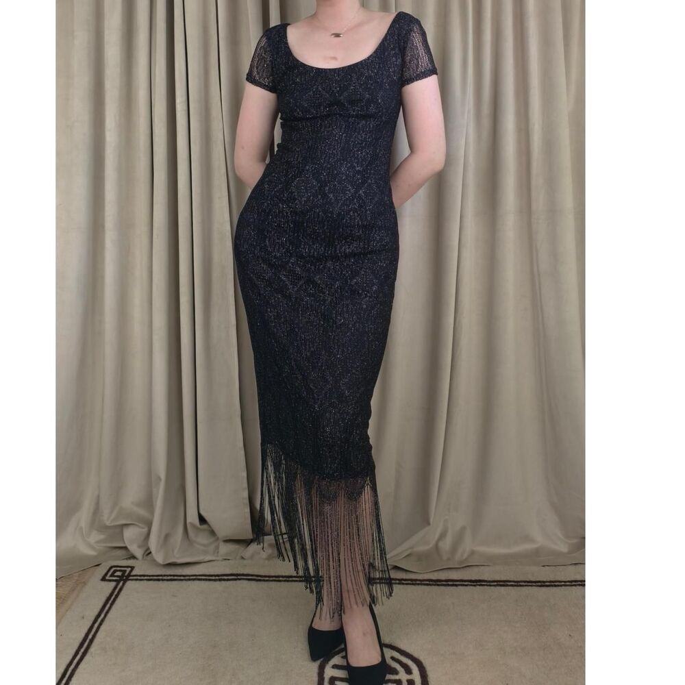 Vintage Onyx Nite Black Silver Metallic Lace Dress with Fringe Hem - Picture 1 of 8